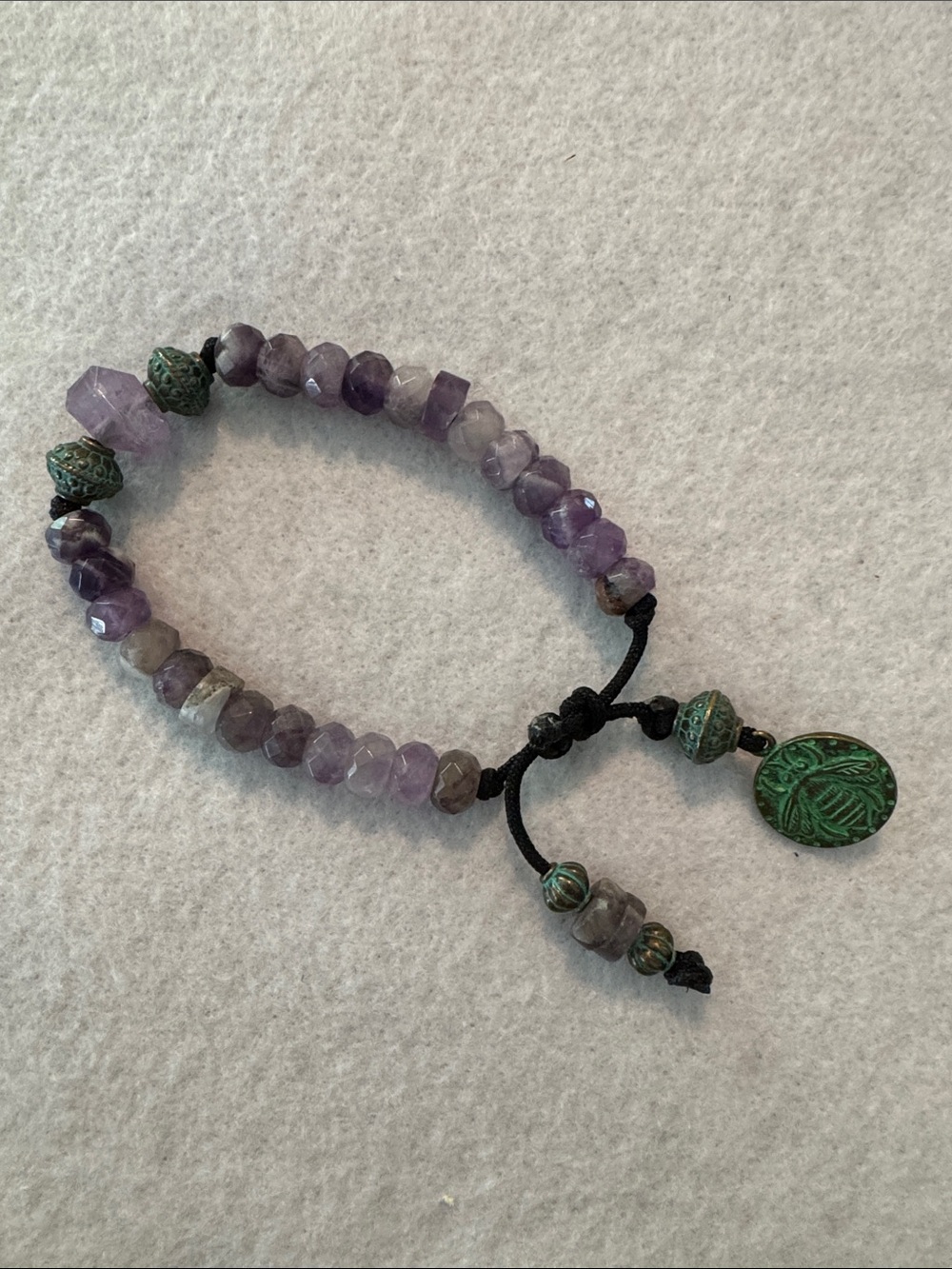 Amethyst Beaded Bracelet with Green Accent Charm